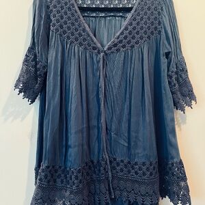 Elegant Blue Lace Trim Women's Top